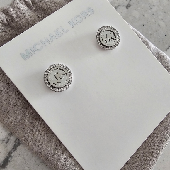 NWT Michael Kors Silver Tone Crystal Monogram Pave,Stud Round Earrings - Picture 2 of 4